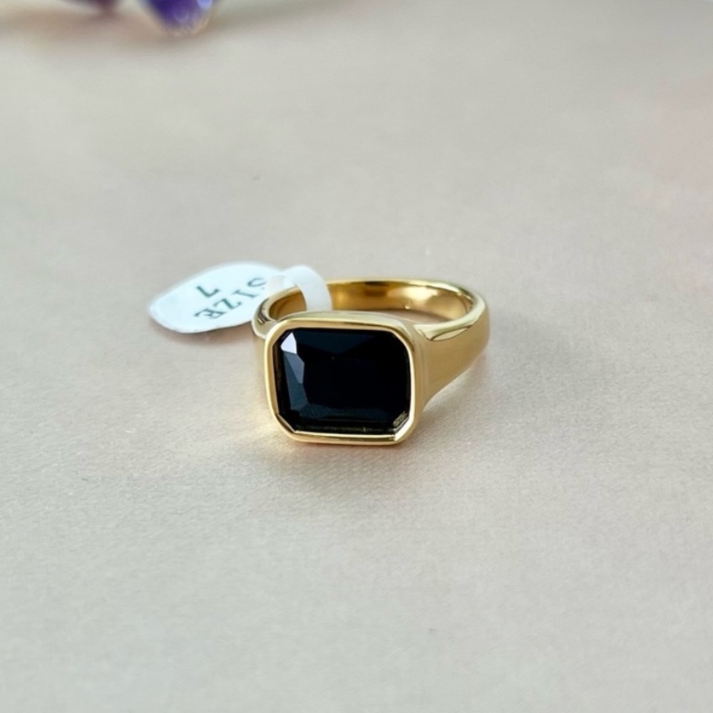 18K Gold Plated Stainless Steel Black Onyx Square Geometric Ring
